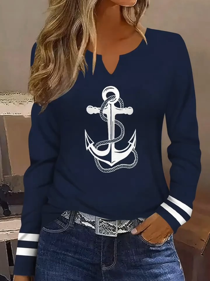 2D Casual Fashion Simple Elegant Vacation Abstract Painting Landmark Anchor Rope Stripe Graphic Full-Body Print Breathable Printed V-Neck Long Sleeve T-Shirt, Casual Shirt, New Autumn Winter Women's Long Sleeve Top, Base Layer Shirt