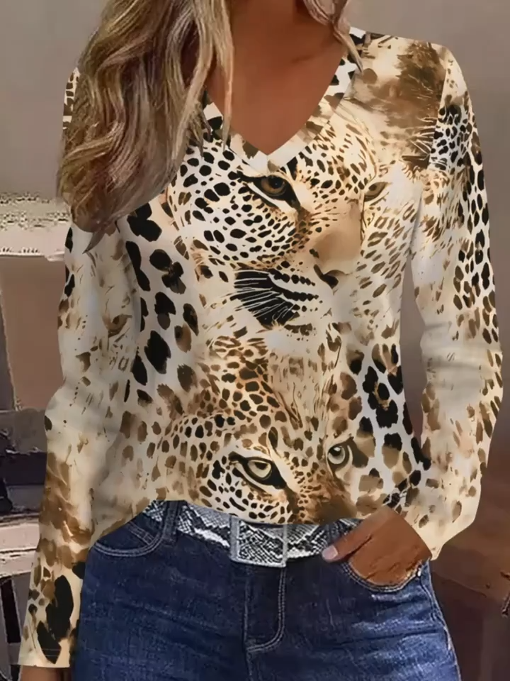 2D Printed Simple Fashion Elegant Casual Vacation Abstract Painting Animal Tiger Leopard Print Graphic Full-Body Print Breathable Long Sleeve T-Shirt, Casual Daily Long Sleeve s Shirt, Autumn Winter New V-Neck Women's Long Sleeve Base Layer Outerwear