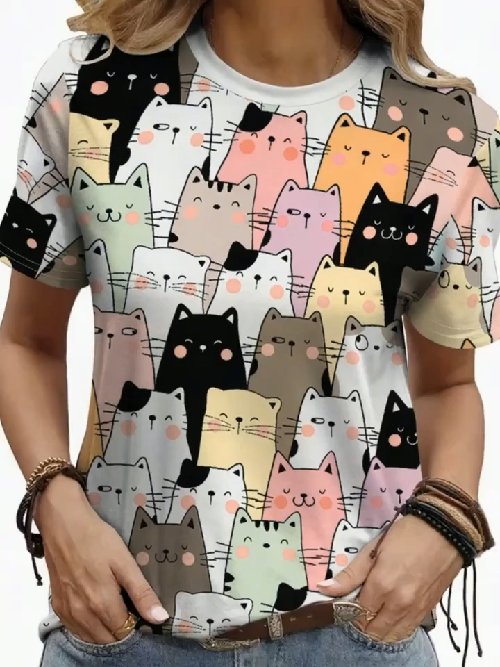 2D Print Elegant Fashion Casual Vacation Abstract Painting Cute Fun Cartoon Animal Cat Graphic All-Over Print Breathable Round Neck Short Sleeve T-Shirt Casual Fashion Women'S Short Sleeve Shirt Summer New Women'S Short Sleeve Top