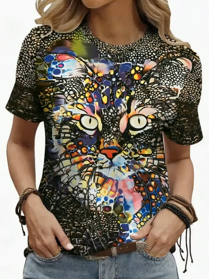 2D Print, Easy Fashion Vacation Abstract Painting Leopard Print Geometric Color Block Patchwork Cartoon Animal Cat Graphic All-Over Print Breathable Round Neck Short Sleeve T-Shirt, Casual Fashion Women'S Short Sleeve Shirt