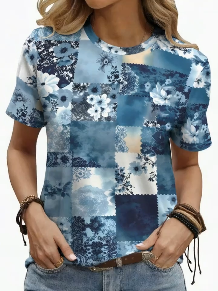 2D Printed Fashionable Novelty Elegant Simple Vacation Tie-Dye Gradient Floral Botanical Leaf Color Block Patchwork Graphic All-Over Print Breathable Crew Neck Short Sleeve T-Shirt, Casual Fashion Short Sleeve Women's Shirt, New Summer Women's Short
