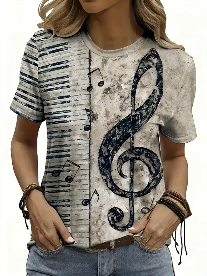 Women's Vintage Distressed Piano Keys & Music Notes Print T-Shirt - Contrast Color Block Design, Soft Stretch Round Neck Casual Tee for Music Festivals & Casual Attire, Piano Themed Gifts, Musician Clothing, Festival Apparel, Retro Style Shirt, Comfo