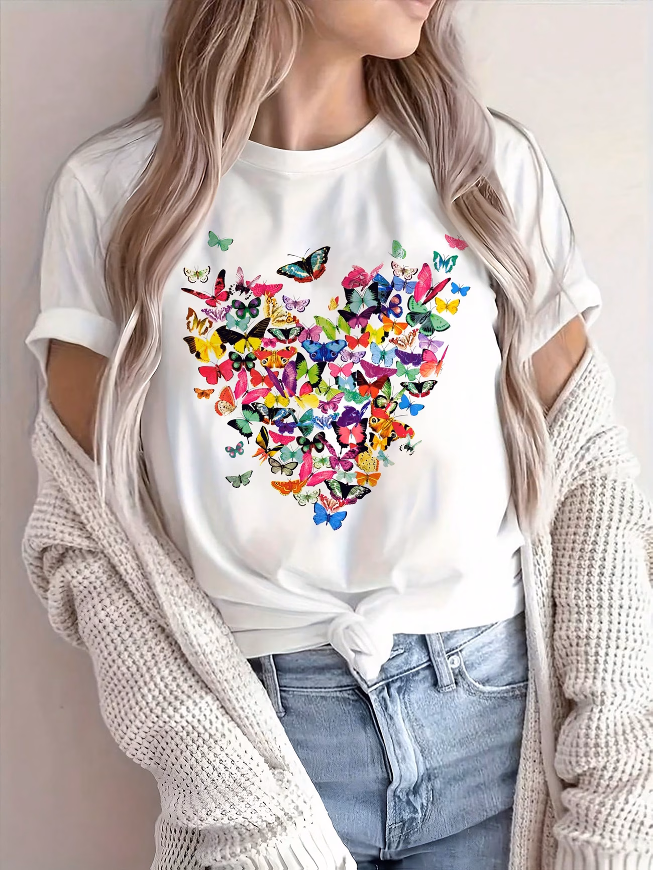 Elegant Vacation Heart-Shaped Colorful Butterfly Graphic Breathable Printed Round Neck Short-Sleeve T-Shirt, Casual Shirt, New Women's Short-Sleeve Top