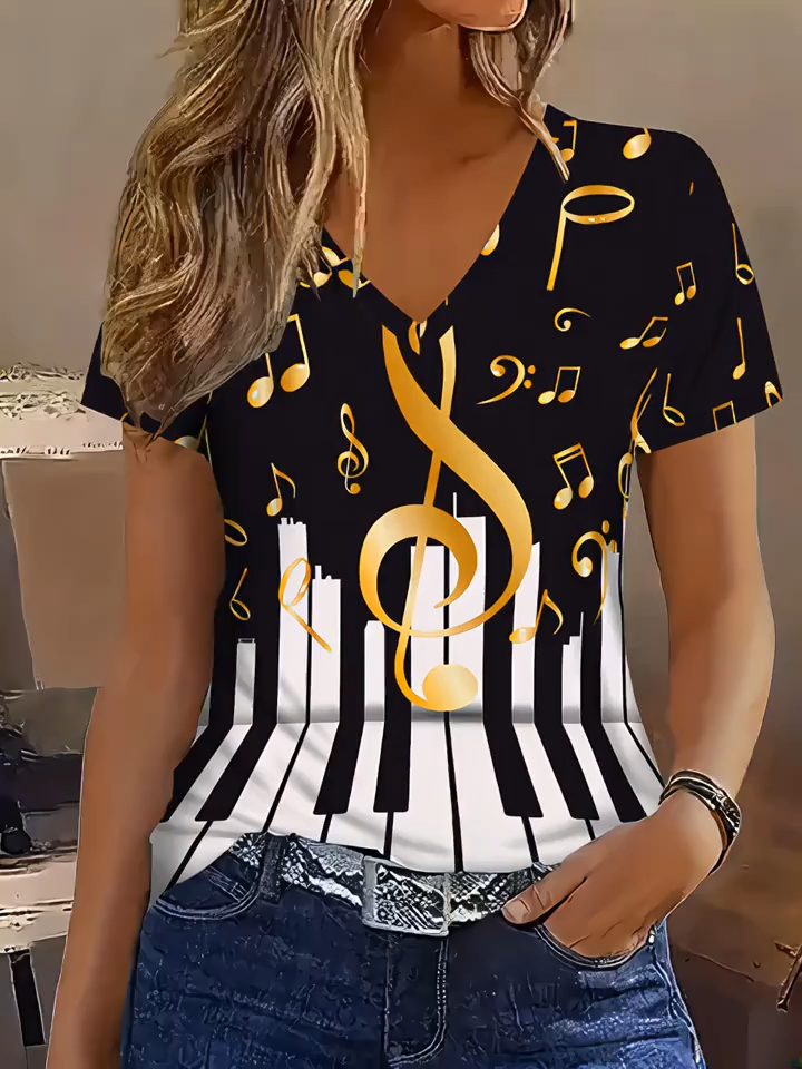 2D Print Country Music Festival Geometric Stripe Full Print T-Shirt - Abstract Painting Black and White Piano Keyboard Yellow Music Note Graphic | Casual Fashion Vacation Breathable V-Neck Short Sleeve Shirt | Summer New Women's Casual Short Sleeve T