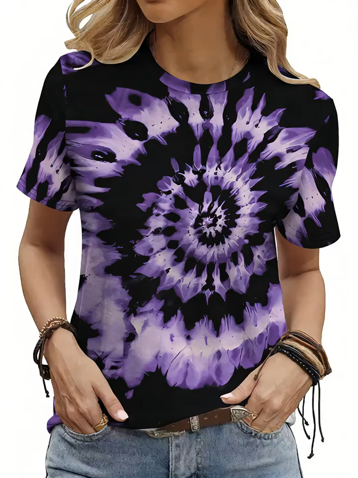 Women's 2D Print Gradient Tie-Dye Casual Shirt Simple Elegant Vacation Fashion Purple Regular Circle Graphic Breathable Crew Neck Short Sleeve T-Shirt New Short Sleeve Top