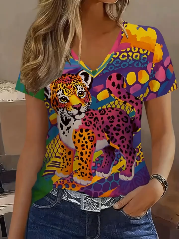 2D Printed Fashionable and Elegant Vacation Abstract Painting Animal Tiger Polka Dot Polka Dot Color Block Patchwork Graphic All-Over Print Breathable V-Neck Short Sleeve T-Shirt, Casual and Stylish Short Sleeve Women's Shirt, New Women's Short