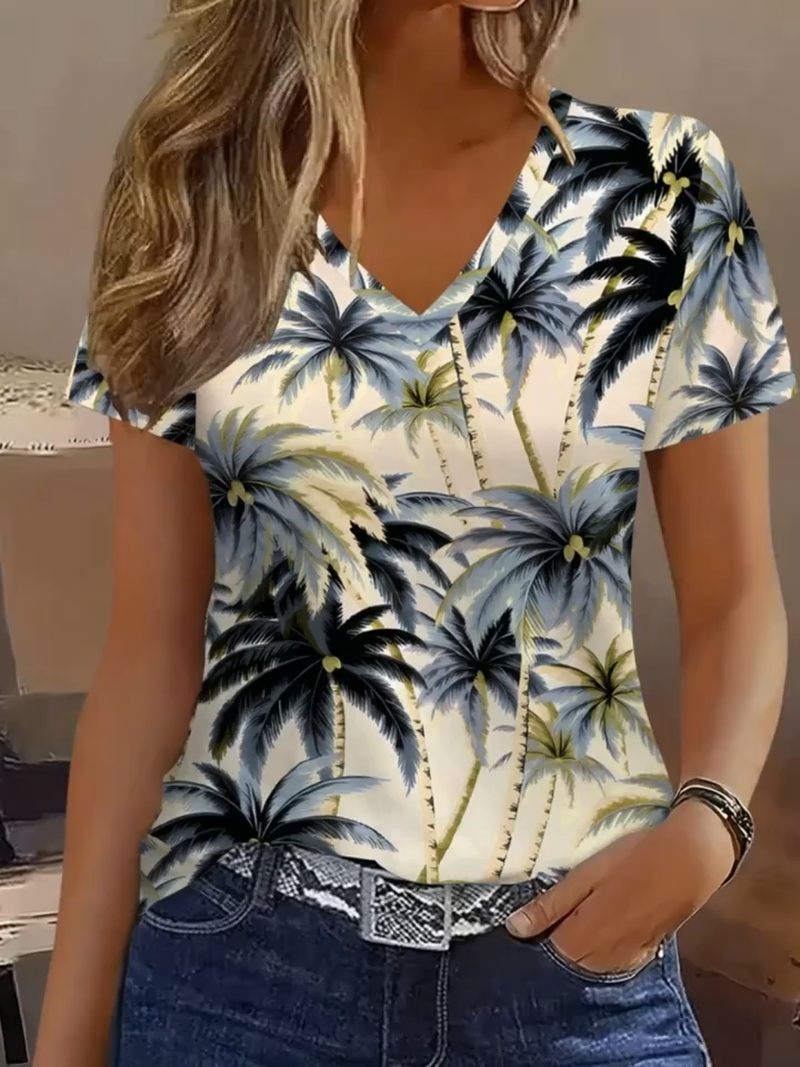 2D Printed Elegant Casual Fashion Simple Vacation Abstract Painting Plant Coconut Tree Leaf Graphic All-Over Print Breathable V-Neck Short Sleeve T-Shirt, Casual Fashion Short Sleeve Women's Shirt, New Summer Women's Short Sleeve Outerwear Top