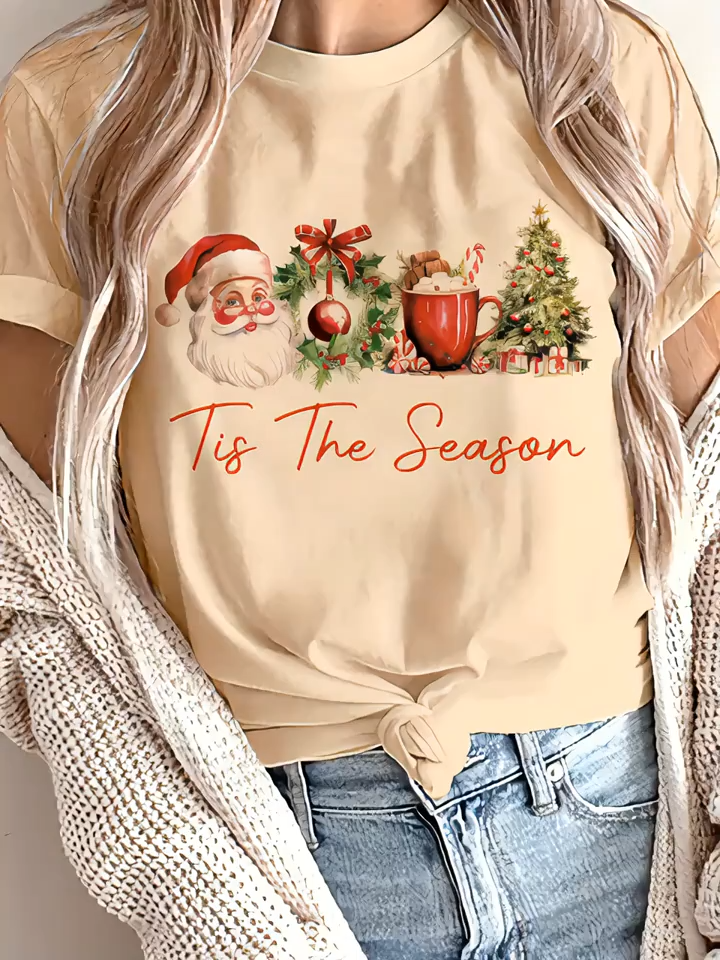 Santa Claus Christmas Tree Letter Slogan Graphic Breathable Printed Round Neck Short Sleeve T-Shirt Casual Shirt New Women'S Holiday Gift Top