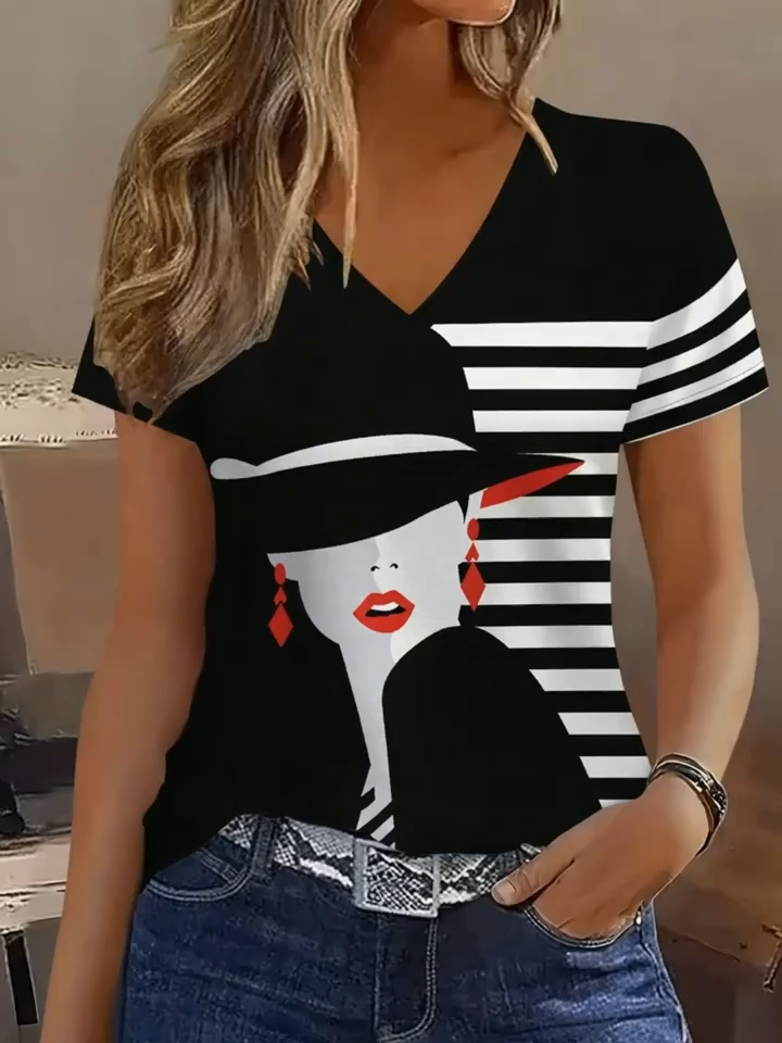 2D Printed Easy And Stylish Elegant Abstract Painting Striped Color Block Spliced Full-Body Graphic Breathable V-Neck Short-Sleeve T-Shirt Casual Fashionable Women'S Short-Sleeve Shirt New Women'S Short-Sleeve Outerwear Top