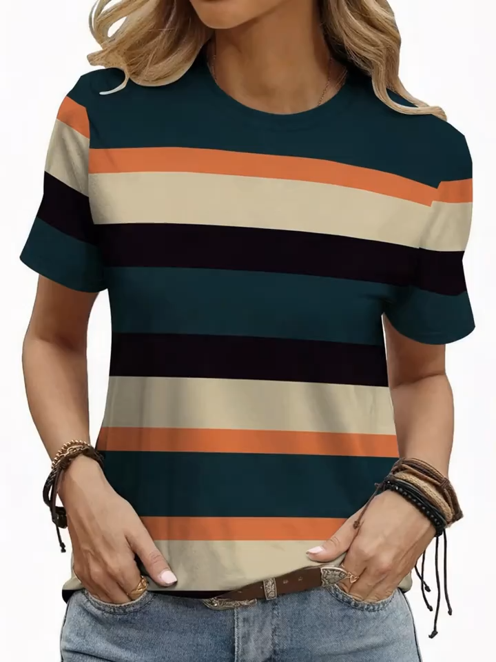 2D Easy Fashion Casual Elegant Vacation Abstract Painting Color Block Striped Graphic All-Over Print Breathable Printed Round Neck Short Sleeve T-Shirt, Casual Shirt, Summer New Women'S Short Sleeve Top