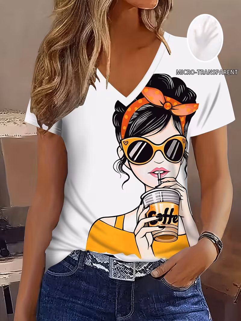 Casual Fashion Vacation 2D Print Minimalist Abstract Painting Woman Drinking Coffee Portrait Graphic Full-Body Print Breathable V-Neck Short Sleeve T-Shirt, Casual Shirt, New Summer Women's Short Sleeve Top