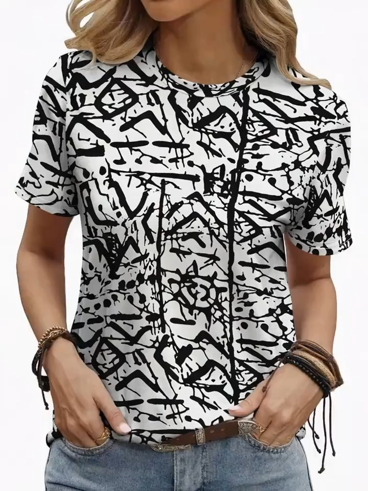 2D Print Casual Fashion Vacation Abstract Painting Irregular Black Lines Dots Geometric Pattern Full-Body Print Breathable Round Neck Short Sleeve T-Shirt Casual Shirt Summer New Women's Short Sleeve Top