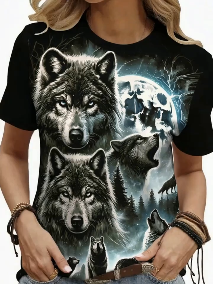 2D Print Fashionable Elegant Abstract Painting Animal Wolf Pack Plants Trees Graphics Full Print Breathable Round Neck Short Sleeve T-Shirt Casual Fashion Short Sleeve Women'S Shirt Summer New Women'S Short Sleeve Top