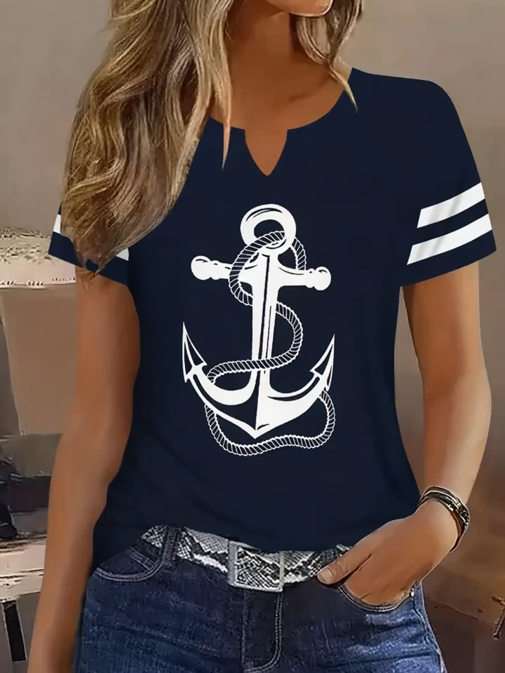 2D Elegant Fashion Vacation Abstract Painting Black and White Contrast Landmark Anchor Rope Stripe Graphic Full-Body Print Breathable Printed V-Neck Short Sleeve T-Shirt Casual Shirt New Women's Short Sleeve Top