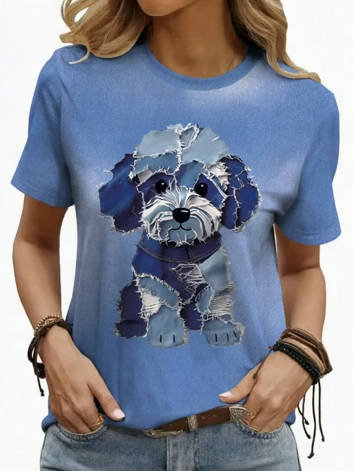 2D Printed Elegant and Stylish Vacation Abstract Painting Animal Puppy Color Block Patchwork Graphic All-Over Print Breathable Crew Neck Short Sleeve T-Shirt, Casual Fashion Short Sleeve Women's Shirt, New Summer Women's Short Sleeve Top