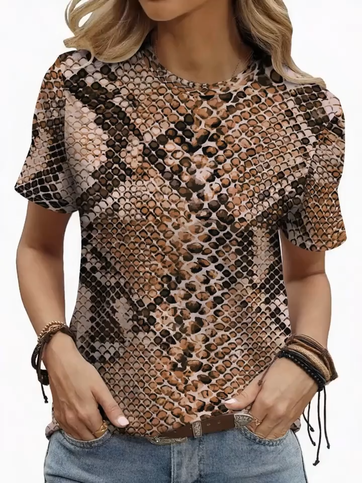 2D Printed Fashion Easy Elegant Vacation Abstract Painting Animal Snake Pattern Checkered Leopard Print Graphic All-Over Breathable Round Neck Short Sleeve T-Shirt Casual Shirt New Women'S Short Sleeve Top