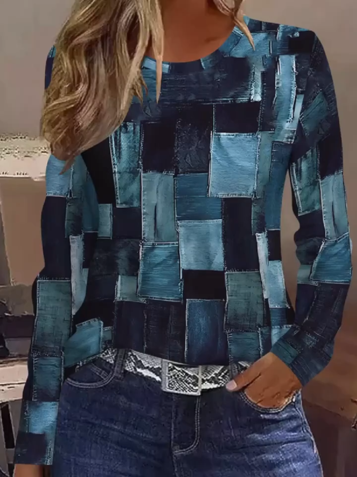 Abstract Painting Color Block Patchwork Geometric Plaid Graphic Full-Body Print Breathable 2D Print Crew Neck Long Sleeve T-Shirt - Simple Fashion Elegant Vacation Casual Shirt New Autumn Winter Women's Long Sleeve Top