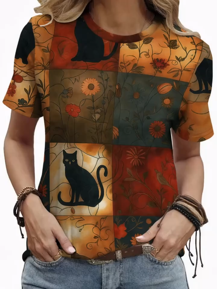 2D Printed Elegant Fashion Casual Vacation Abstract Painting Animal Black Cat Floral Plant Leaf Flower Color Block Patchwork Graphic Full Print Breathable Women's Round Neck Short Sleeve T-Shirt Casual S Shirt New Women's Short Sleeve Top