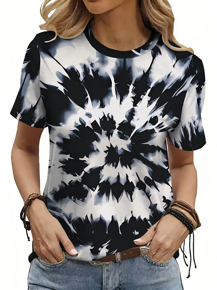 2D Printed Gradient Tie-Dye Casual Fashion Black And White Contrasting Ink Circle Graphic All-Over Breathable Round Neck Short-Sleeve T-Shirt, Casual Shirt, New Women'S Short-Sleeve Top
