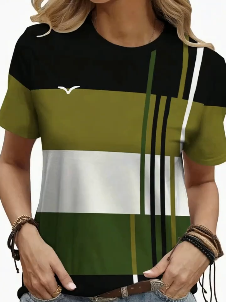 2D Printing, Easy, Fashionable, Elegant, Abstract Painting, Contrasting Color Stripes, Color Block Stitching, Cartoon Animal Bird Graphics, All-Over Print, Breathable Round Neck Short-Sleeved T-Shirt, Casual Fashion Short-Sleeved Women'S Shirt