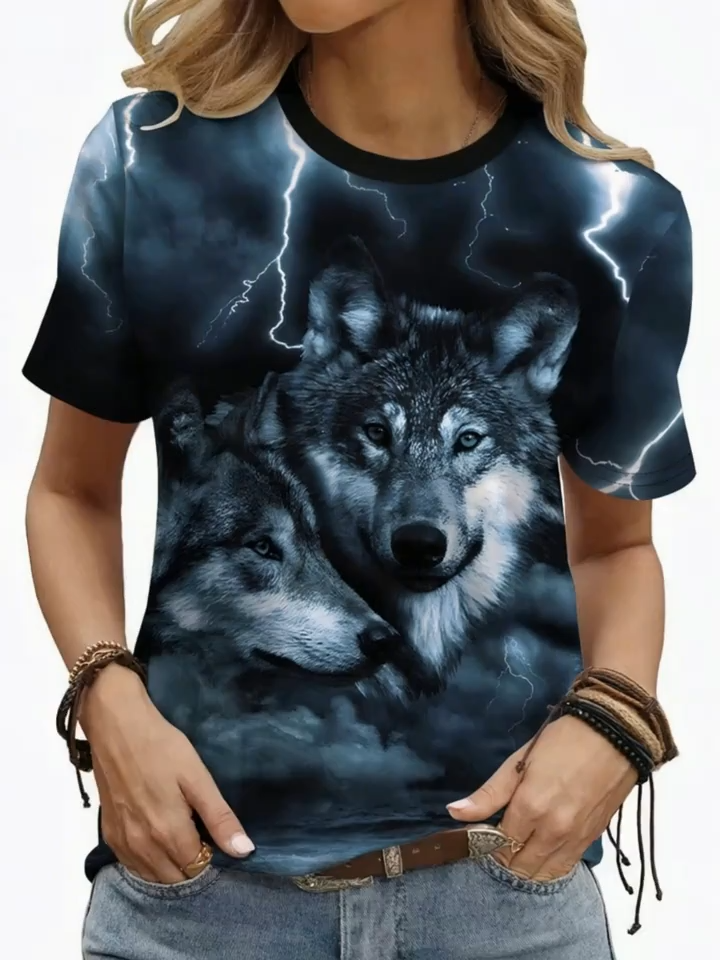 2D Printed Simple Fashion Elegant Vacation Abstract Painting Tie-Dye Animal Wolf Graphic Full Print Breathable Round Neck Short Sleeve T-Shirt, Casual Fashion Short Sleeve Women's s Shirt, Summer New Women's Short Sleeve Outerwear Top