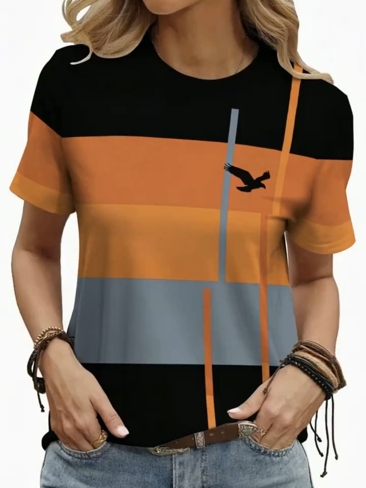 2D Printed Elegant And Stylish Vacation Abstract Painting with Contrasting Stripes And Color Blocks Featuring a Full-Body Eagle Graphic Breathable Round Neck Short-Sleeve T-Shirt Casual Fashionable Women'S Shirt Summer New Women'S Short-Sleeve Top