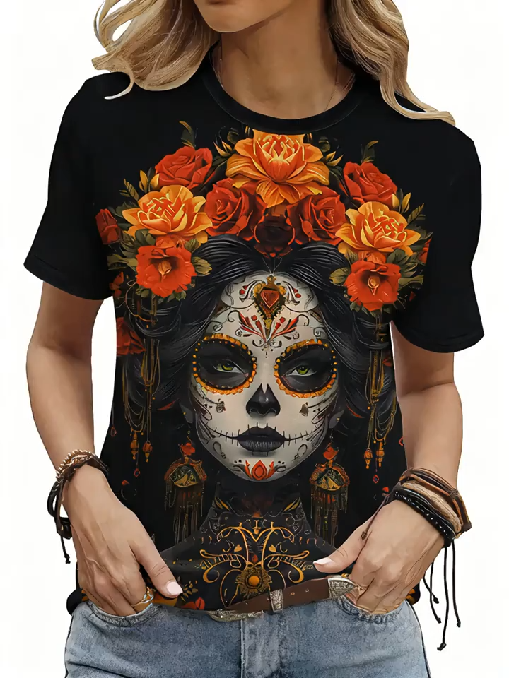 2D Printed Casual Vacation Abstract Painting Halloween Elegant Gothic Punk Dark Portrait Floral Graphic Full Print Breathable Round Neck Short Sleeve Day of The Dead T-Shirt Casual Shirt Summer New Women'S Short Sleeve Top