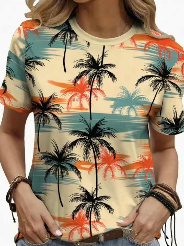 2D Printed Elegant And Stylish Vacation Casual Beach Plant Coconut Tree Leaf Graphic All-Over Breathable Round Neck Short Sleeve T-Shirt, a Trendy Short Sleeve Women'S Shirt, New Summer Women'S Top