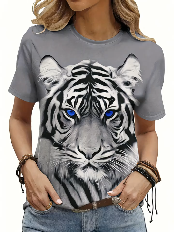2D Print Full Animal Tiger Graphic Breathable Printed Round Neck Short Sleeve T-Shirt, Casual Shirt, New Women's Short Sleeve Top