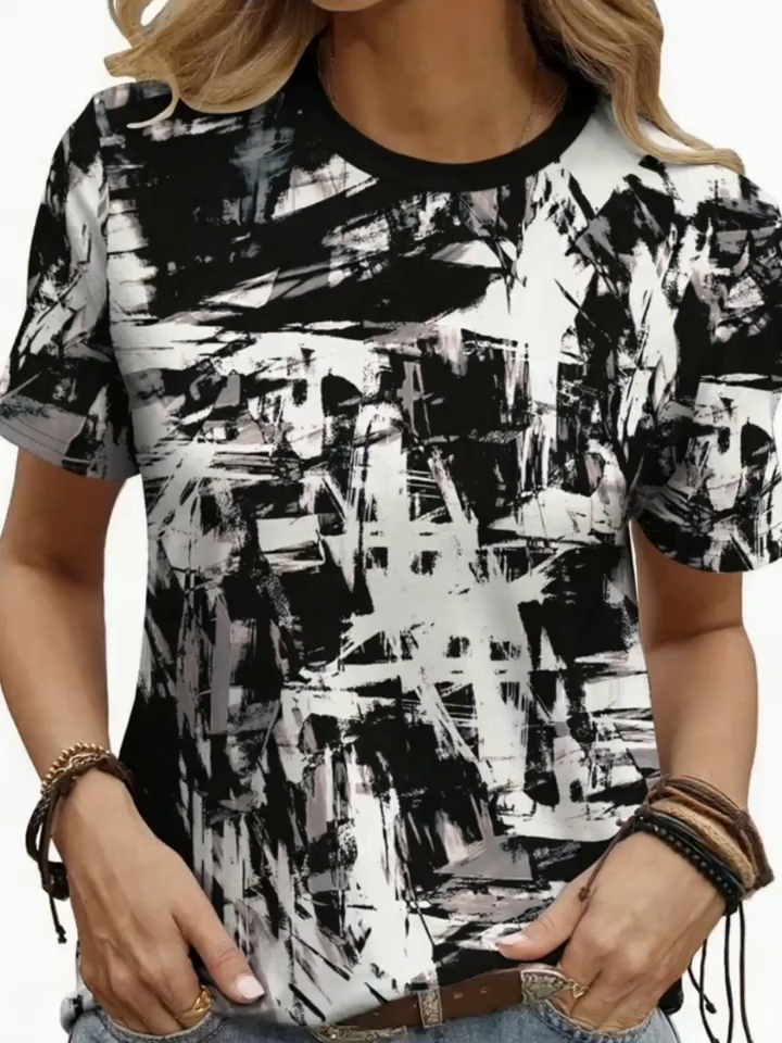 2D Printed Elegant and Stylish Casual Vacation Abstract Painting Tie-Dye Black and White Contrast Color Irregular Geometric Color Block Patchwork Graphic All-Over Print Breathable Crew Neck Short Sleeve T-Shirt, Casual and Fashionable Short Sleeve