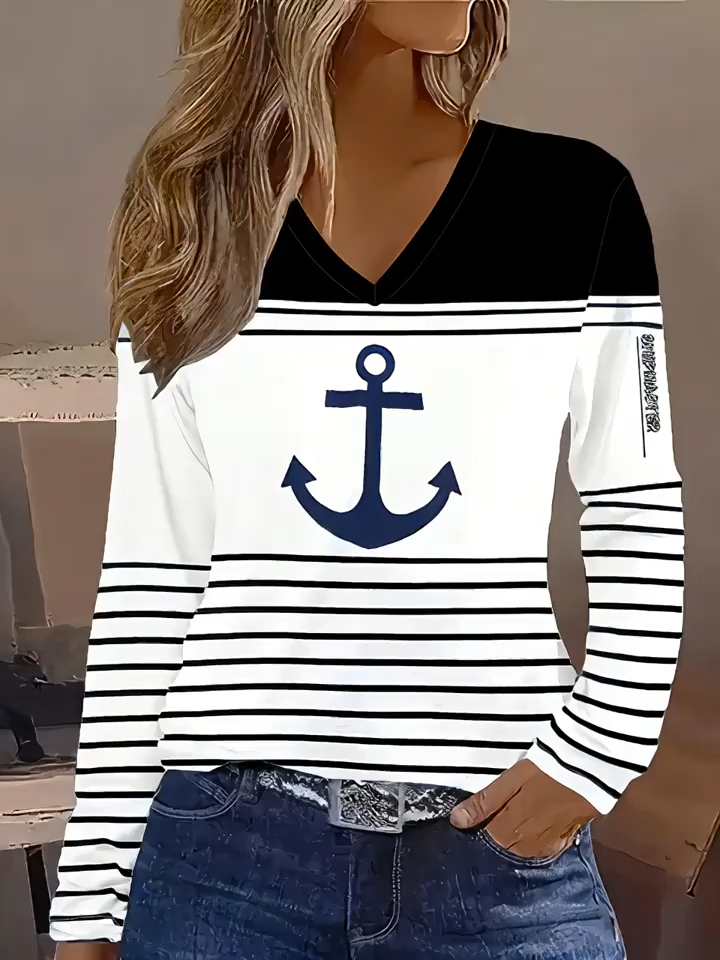 European And American Women'S Clothing Autumn And Winter New V-Neck Striped Color-Blocking Paddle Anchor Print Long-Sleeved Women'S T-Shirt Top