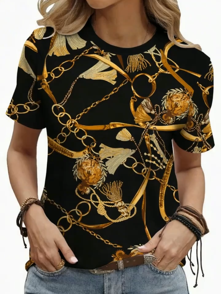 2D Printed Retro Elegant Fashionable Casual Vacation Abstract Painting with Golden Chain Tassels And Geometric Patterns Full Print Breathable Round Neck Short Sleeve T-Shirt | Casual Stylish Short Sleeve Women's Shirt | Summer New Women's Short Sleev