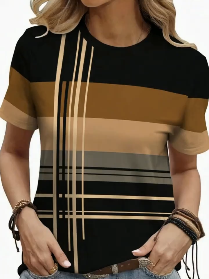2D Printed Simple, Stylish, and Elegant Abstract Painting with Contrasting Stripes, Geometric Color Blocks, and Spliced Graphics, All-Over Print Breathable Crew Neck Short Sleeve T-Shirt, Casual and Fashionable Short Sleeve Women's Shirt, New Summer