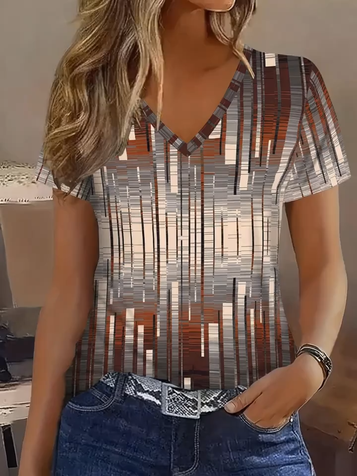 2D Print Casual Fashion Vacation Abstract Painting Gradient Color Block Patchwork Geometric Vertical Stripes Full Print Breathable V-Neck Short Sleeve T-Shirt Casual Shirt Summer New Women'S Short Sleeve Top