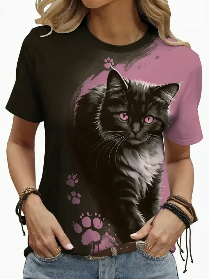 2D Printed Casual Fashion Elegant Vacation Abstract Painting Cartoon Animal Black Cat Paw Color Block Splicing Graphic All-Over Printed Breathable Round Neck Short Sleeve T-Shirt Casual Stylish Short Sleeve Women'S Shirt Summer New Women'S Short Sle