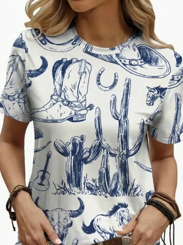 2D Printed Western Vintage Fashion Novelty Minimalist Vacation Abstract Painting Plant Cactus Animal Bull Head Horse Boot Graphic All-Over Print Breathable Crew Neck Short Sleeve T-Shirt, Casual Fashion Short Sleeve Women's Shirt, New Summer Women's