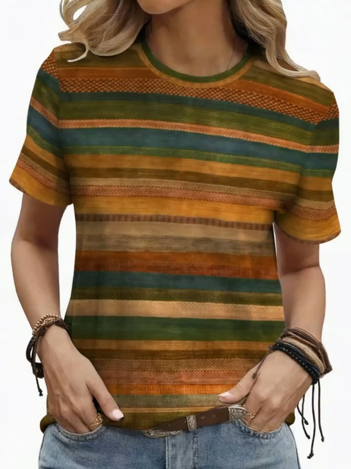 2D Printed Holiday Color-Block Striped and Block-Patterned All-Over Print Simple Vintage Elegant Fashionable Breathable Crew Neck Short-Sleeve T-Shirt, Casual and Stylish Short-Sleeve Women's Shirt, New Summer Women's Short-Sleeve Top