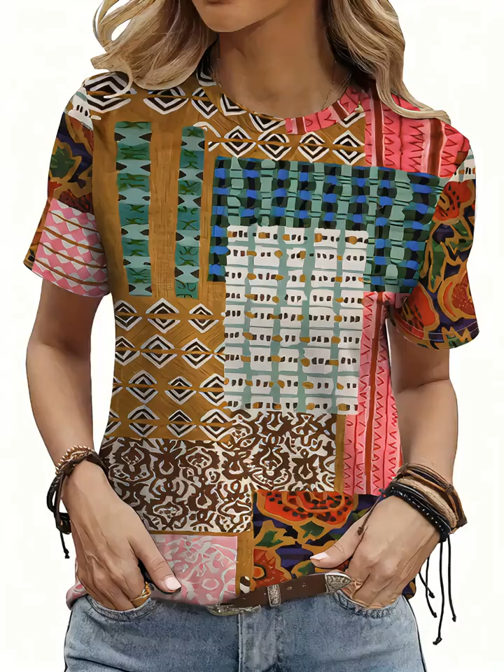 2D Printing Color Block Patchwork Elegant Vacation Abstract Painting Geometric Pattern Floral Stripe Graphic Breathable Crew Neck Short Sleeve T-Shirt Casual Shirt New Women'S Short Sleeve Top