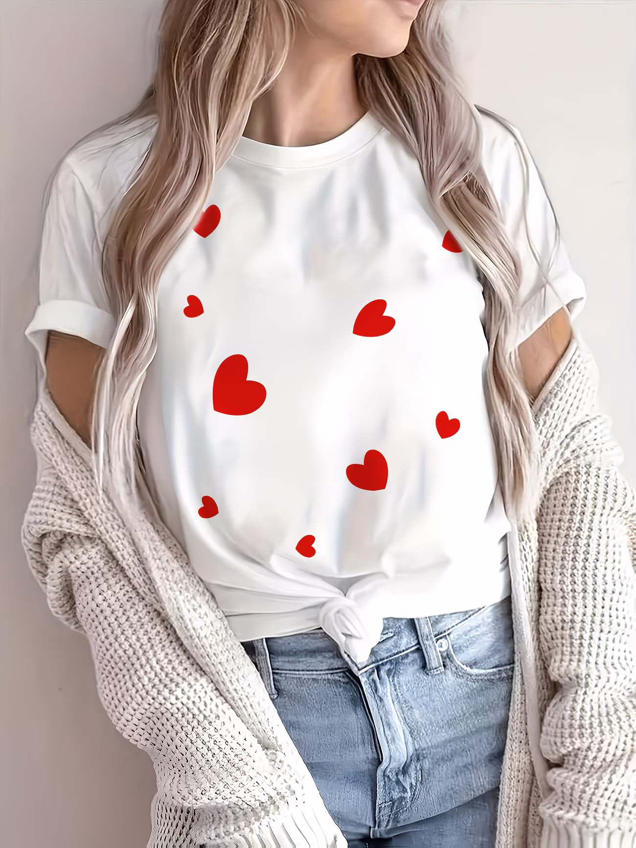 Women's Casual Short Sleeve T-Shirt with Red Heart Print - Breathable Semi-Sheer Fabric, Round Neck, Machine Washable, Medium Stretch, All-Season Versatile Top for Casual Attire & Valentine's Day Outfits, Ladies T Shirts, Romantic Design, Mediumstret