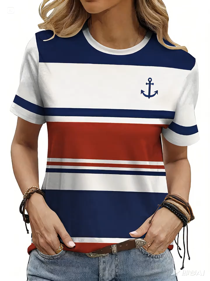 2D Print Elegant Vacation Abstract Painting Red White Blue Color Block Striped Landmark Anchor Graphic All-Over Print Breathable Round Neck Short-Sleeved T-Shirt Casual Shirt Summer New Women'S Short-Sleeved Top