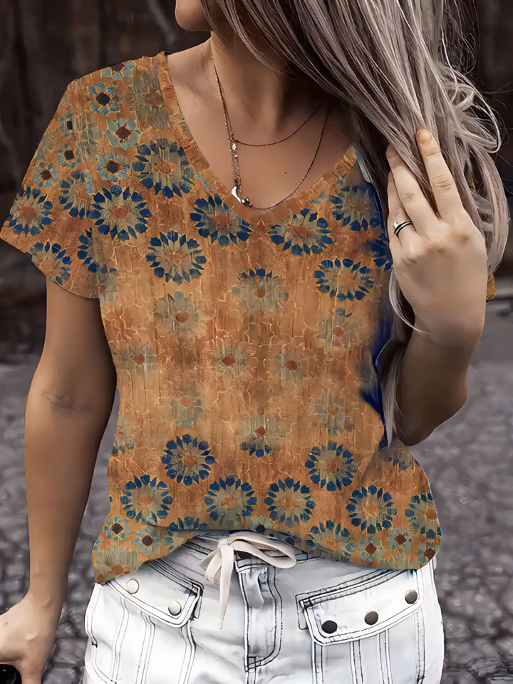 Gradient Geometric Patchwork Floral Graphic V-Neck T-Shirt, Casual Daily Blouse, New Trendy Elegant Short Sleeve Top