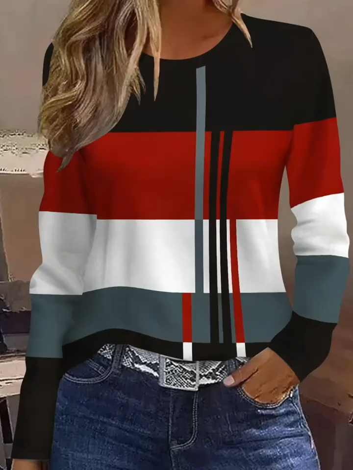 Fashion Casual Elegant Vacation Abstract Painting Color Block Patchwork Geometric Stripe Graphic Full-Body Print Breathable 2D Print Round Neck Long Sleeve T-Shirt, Casual Long Sleeve Shirt, New Autumn Winter Women's Long Sleeve Top