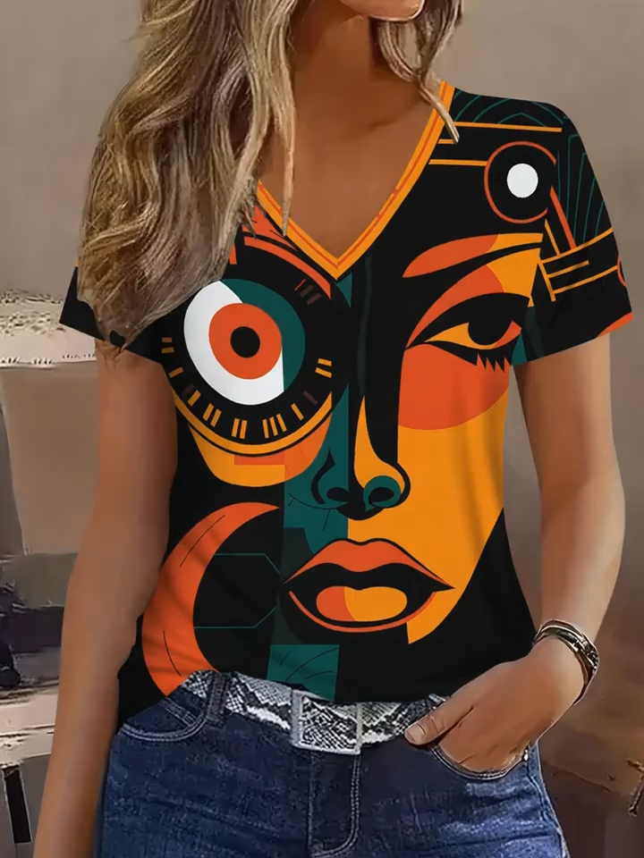 Directional 2D Printed Elegant Fashionable Vacation Retro Abstract Painting Color-Blocking Irregular Geometric Color Block Patchwork Human Figure Full Print Breathable V-Neck Short-Sleeved T-Shirt Casual Shirt New Women'S Short-Sleeved Top