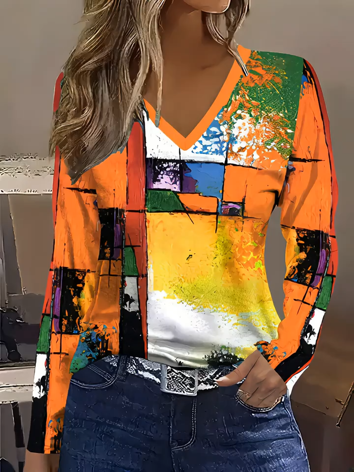 Abstract Art Painting Landscape Pattern Print T-shirt, Fashion Casual Medium Elastic Contrast Color Long Sleeve V-Neck Women's Autumn and Winter Top