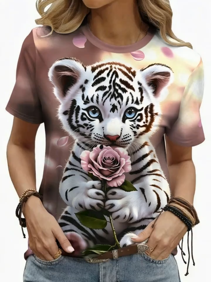 2D Print, Easy Elegant Fashion Vacation Abstract Painting Tie-Dye Cute Little Tiger Leopard Gradient Flowers Floral Plants Leaves Graphic All-Over Print Breathable Round Neck Short Sleeve T-Shirt, Casual Fashion Women'S Short Sleeve Shirt