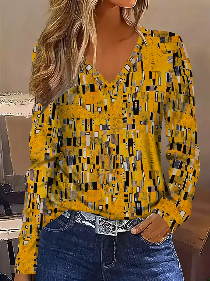 2D Printed Abstract Painting Geometric Patchwork Square Grid Pattern V-Neck Long Sleeve T-Shirt Casual Shirt New Women'S Long Sleeve Top