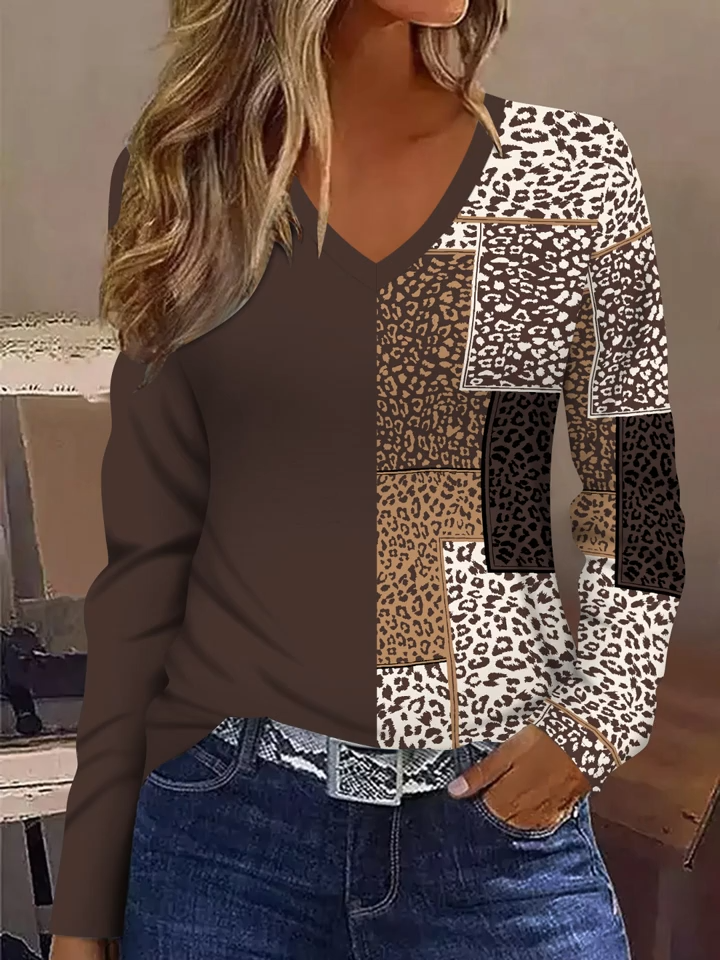 2D Casual Fashion Vacation Abstract Painting Color Block Patchwork Color Block Leopard Plaid Graphic Full-Body Print Breathable Printed V-Neck Long Sleeve T-Shirt, Casual Shirt, New Autumn Winter Women's Long Sleeve Top