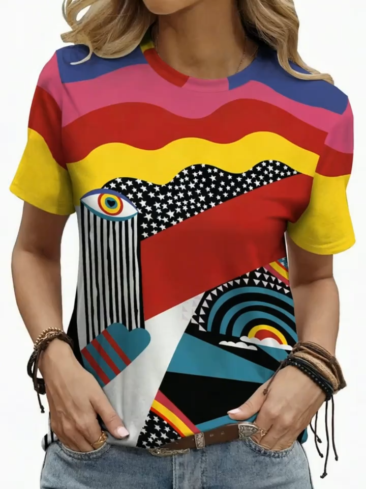 2D Printed Minimalist, Stylish, and Elegant Abstract Painting with Colorful Geometric Color Blocks, Stars, Eyes, Stripes, and Cartoon Portraits. Full-body Print, Breathable, Round Neck, Short-sleeved T-shirt. Casual and Fashionable Short-sleeved