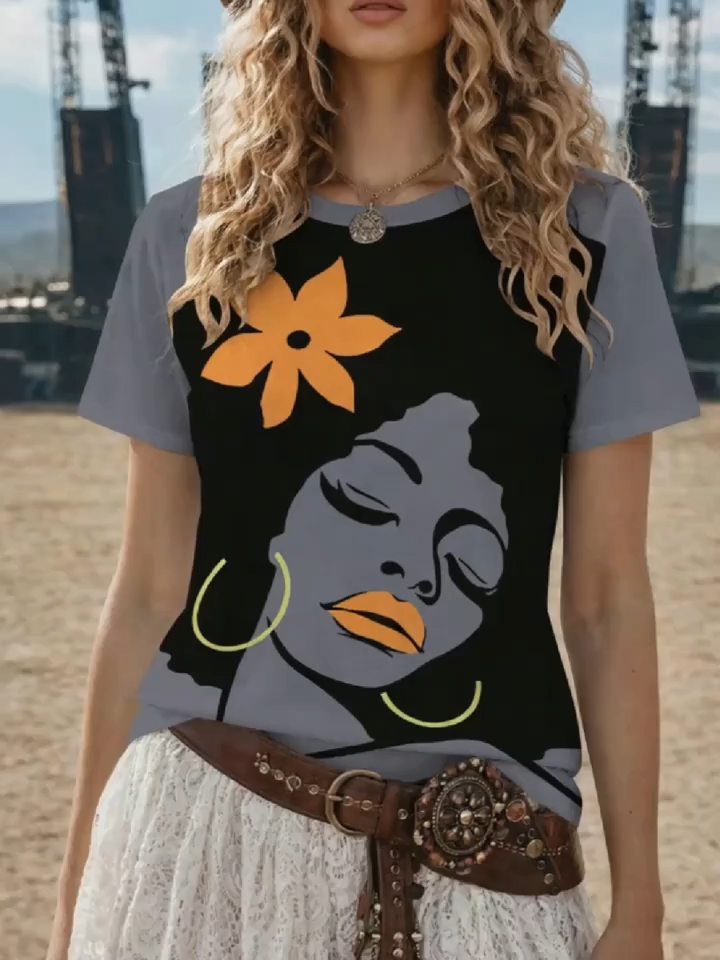 2D Printed Vintage Fashionable Elegant Casual Vacation Abstract Painting Cartoon Portrait Flower Floral Color Block Patchwork Graphic All-Over Print Breathable Crew Neck Short Sleeve T-Shirt, Casual Fashion Short Sleeve Women's Shirt, New Summer