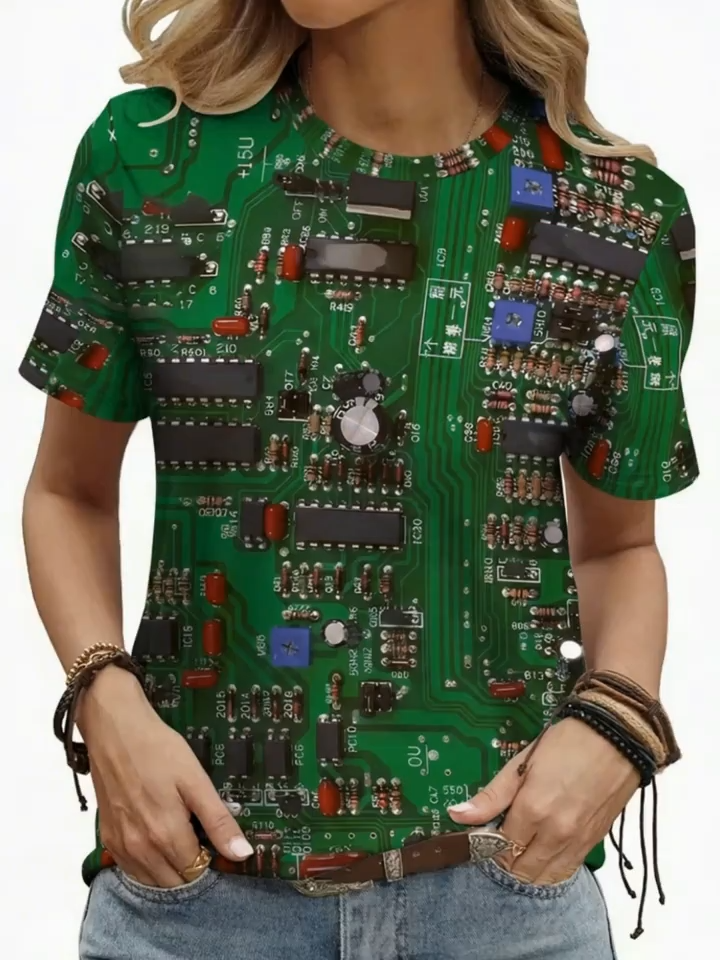 2D Printed Fashion Casual Vacation Abstract Painting Circuit Board Striped Geometric Color Block Splicing Novelty Pattern All-Over Printed Breathable Round Neck Short-Sleeve T-Shirt Casual Stylish Short-Sleeve Women'S Shirt Summer New Women'S Short